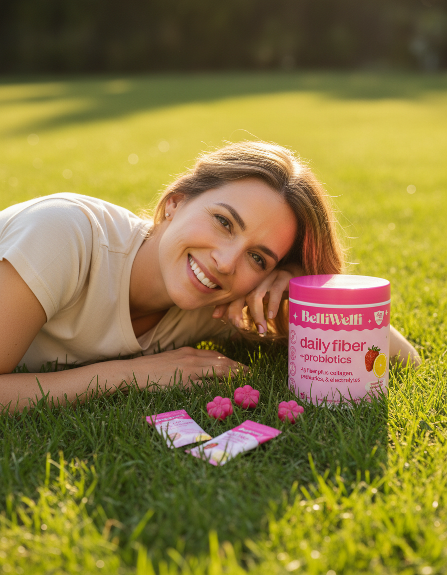 Woman lying on grass with BelliWelli fiber gummies, powder and travel packs