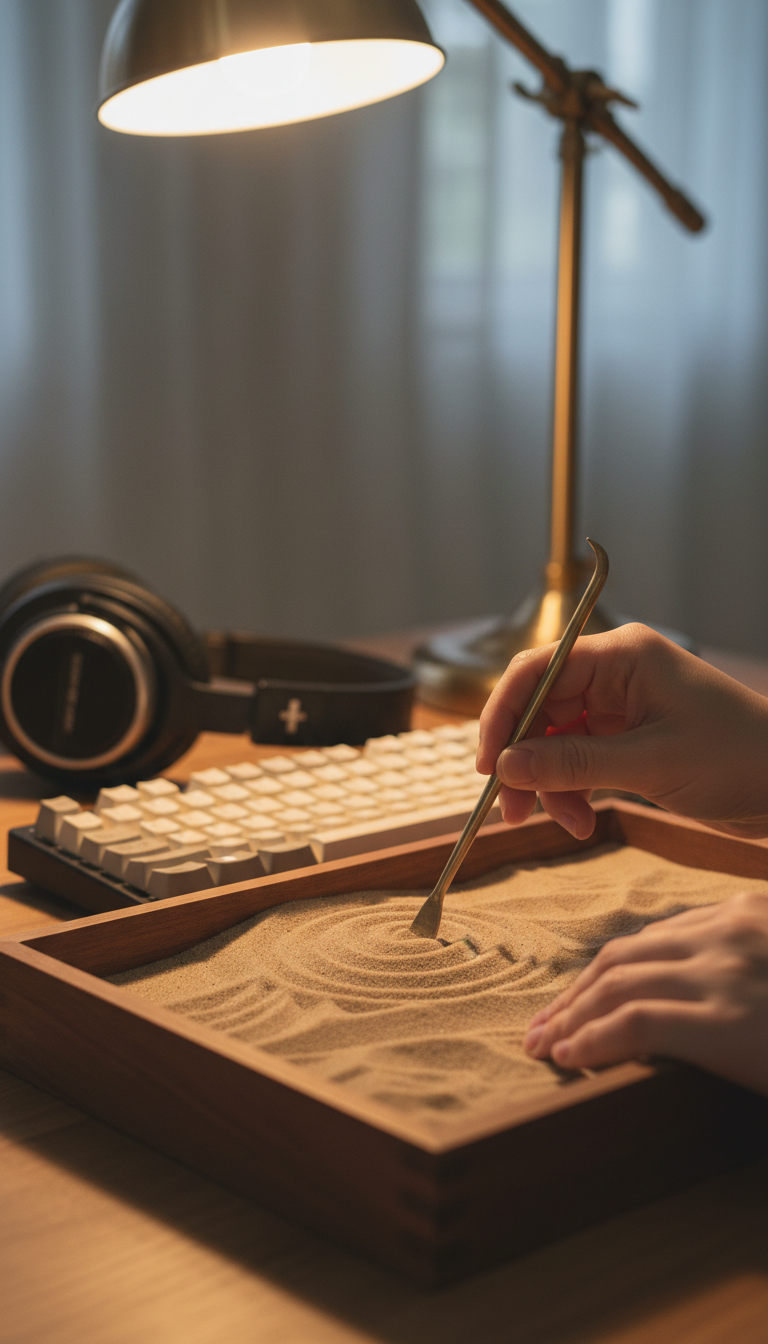 Hands sculpting kinetic sand with a brass tool next to a keyboard and headset