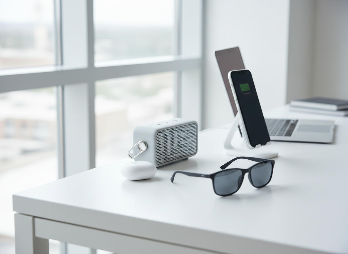 Smart glasses, phone stand charger and bluetooth speaker on a bright, minimal desk