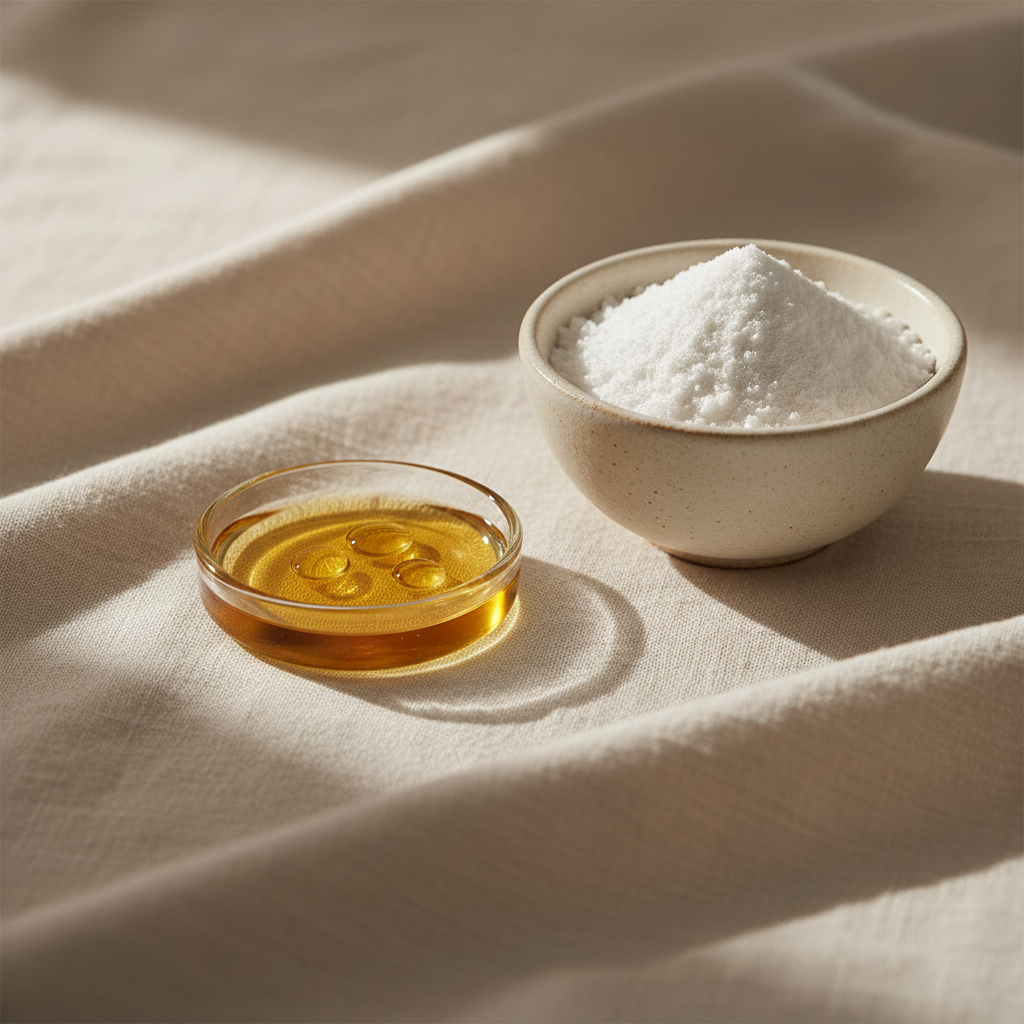 Gocce di vitamina E e polvere di vitamina C su tessuto di lino