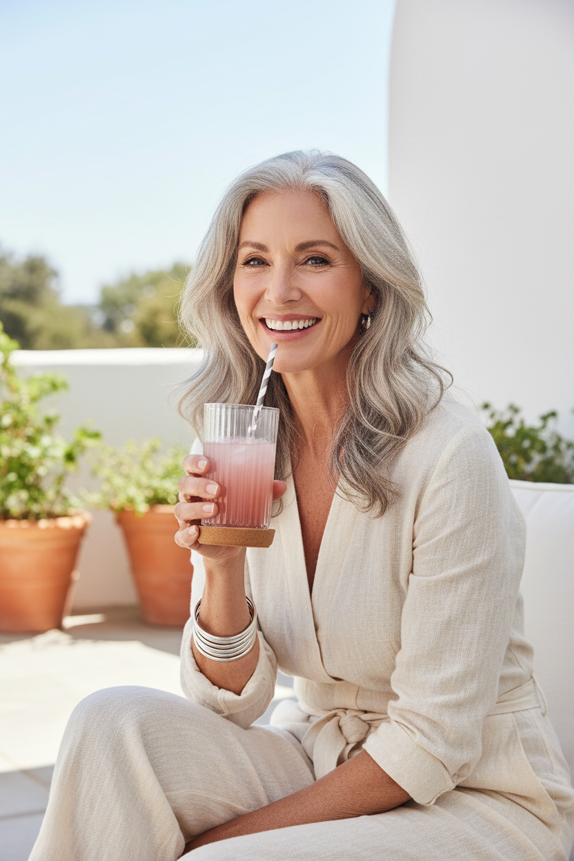 Woman sipping an iced BelliWelli drink on a sunny patio