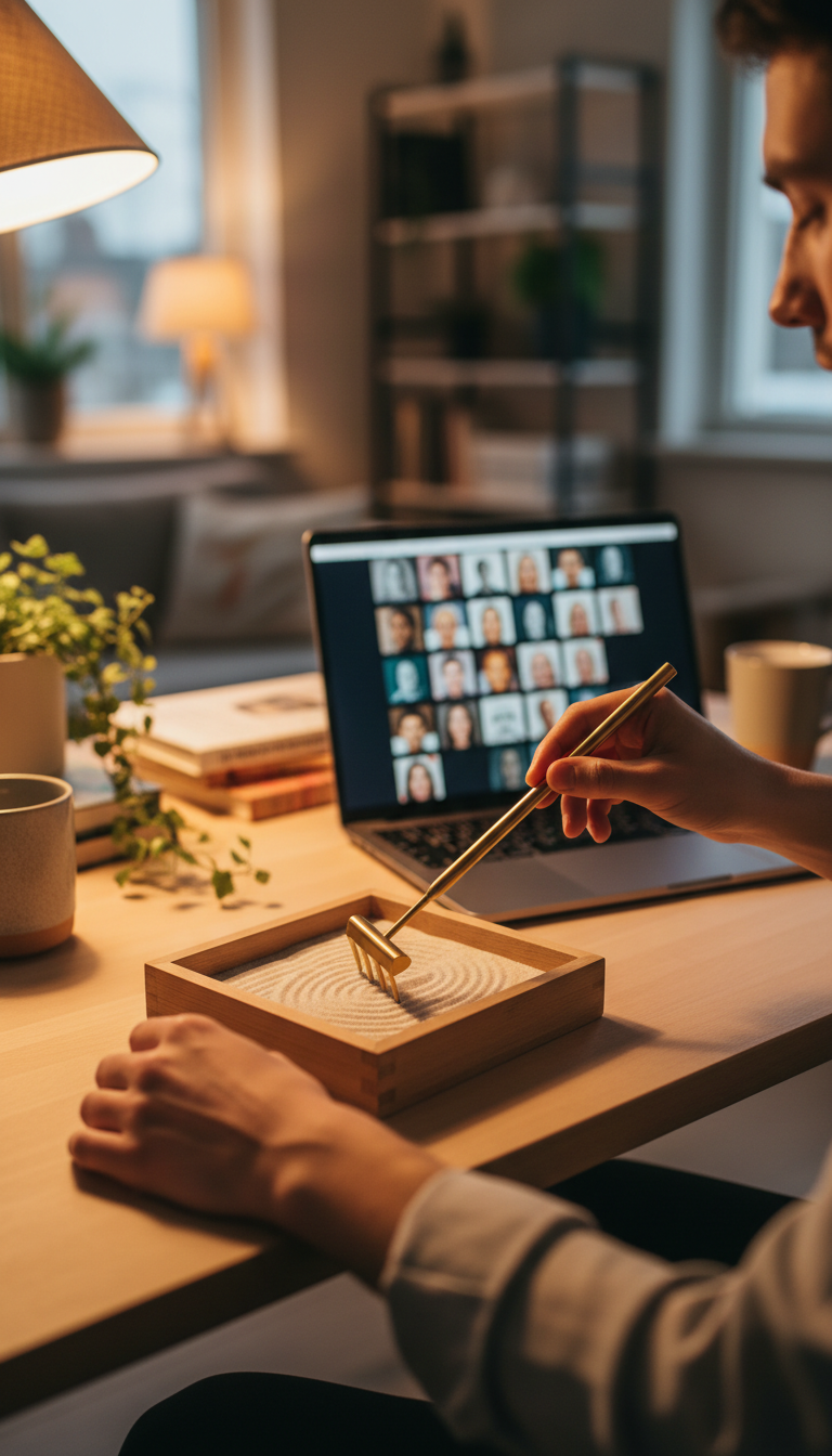 Over-the-shoulder view of hands raking a desk zen garden during a video call
