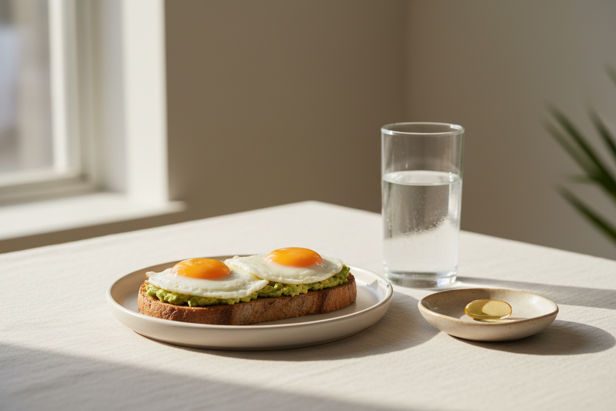 Breakfast table with eggs on toast and one softgel in a small dish