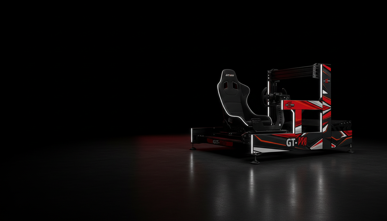 SimXPro sim racing cockpit with bucket seat in a dark studio