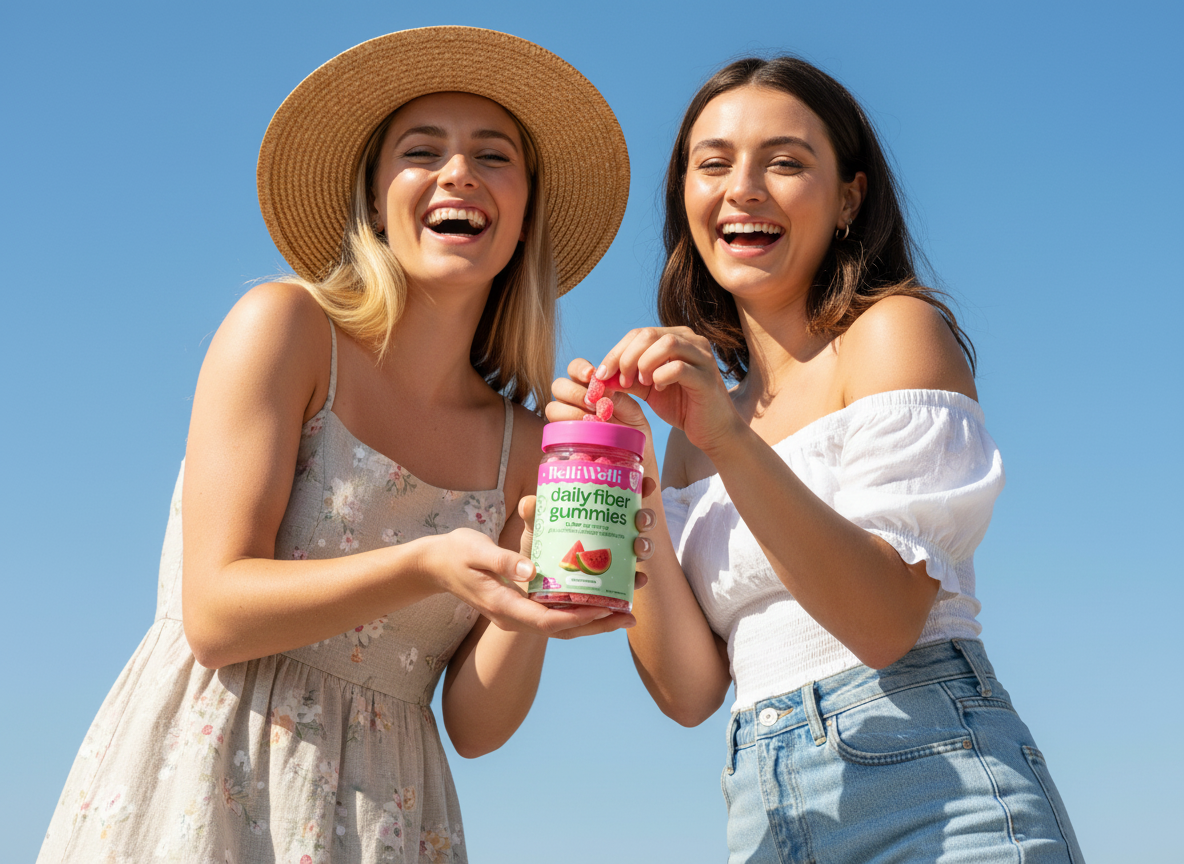 Two friends holding up BelliWelli gummies