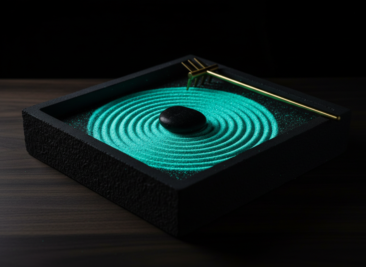 Midnight Glow edition: black concrete tray of glow-in-the-dark cyan sand raked into glowing spirals