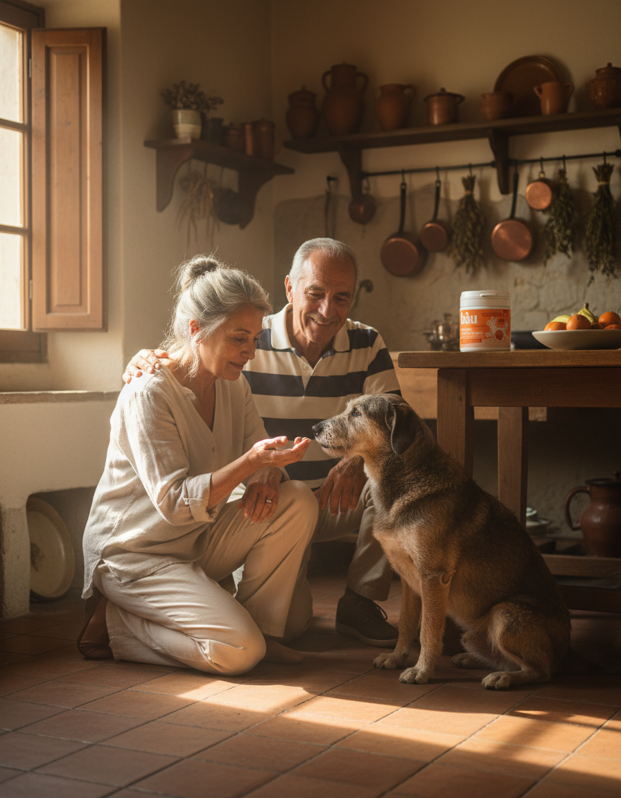 Coppia in cucina che offre la compressa dal palmo della mano al proprio cane senior, con il barattolo sul tavolo