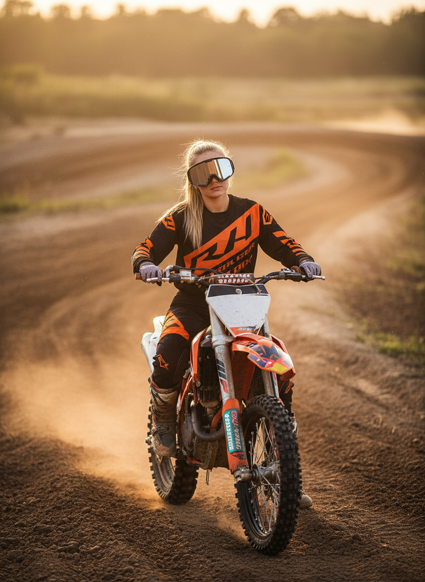 Woman riding an orange dirt bike on a motocross track wearing ZenShipping mirrored motocross goggles, bopping her head