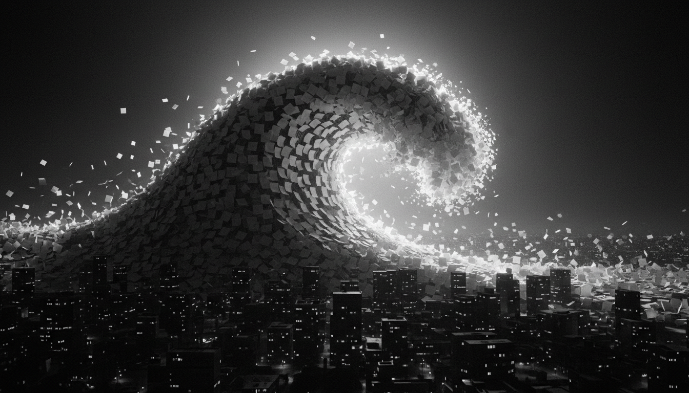 A huge black-and-white wave of blank paper notes cresting over a night city skyline