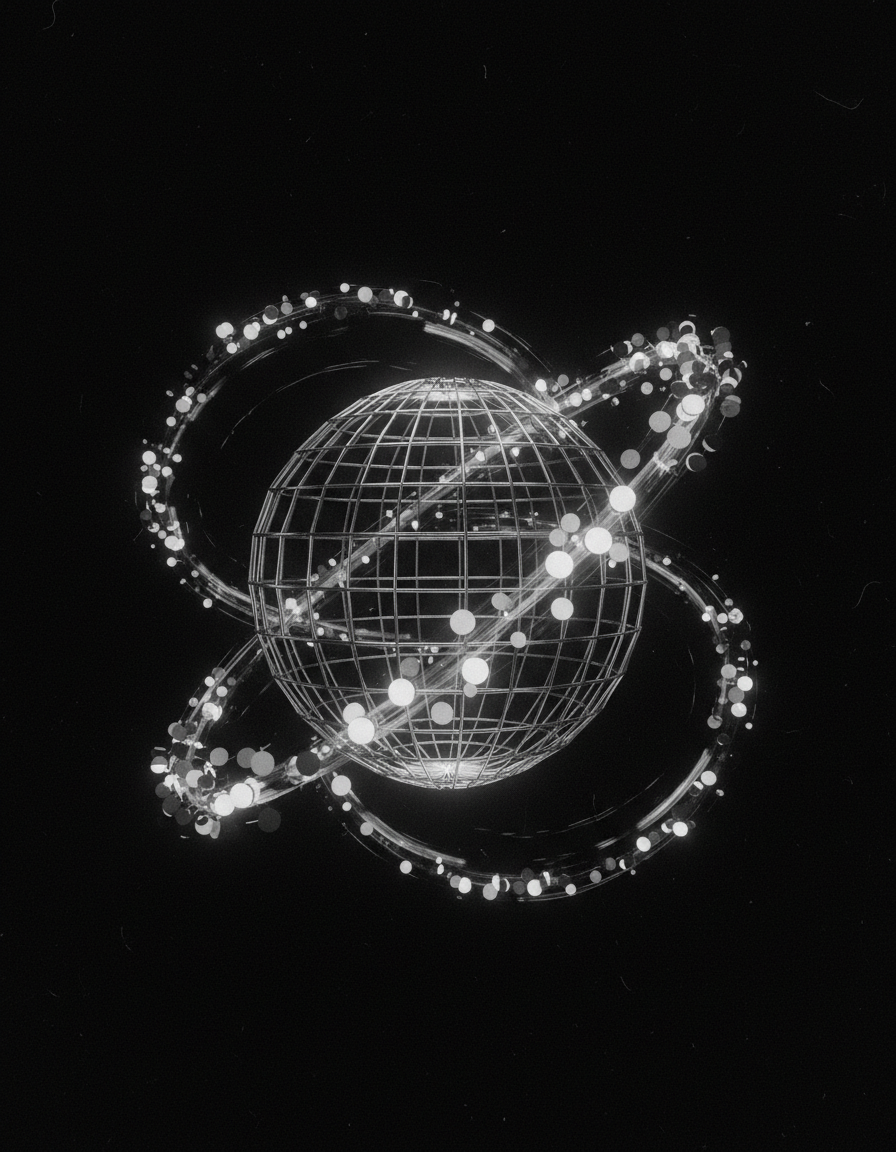 A glowing wireframe globe circled by streams of light in black space