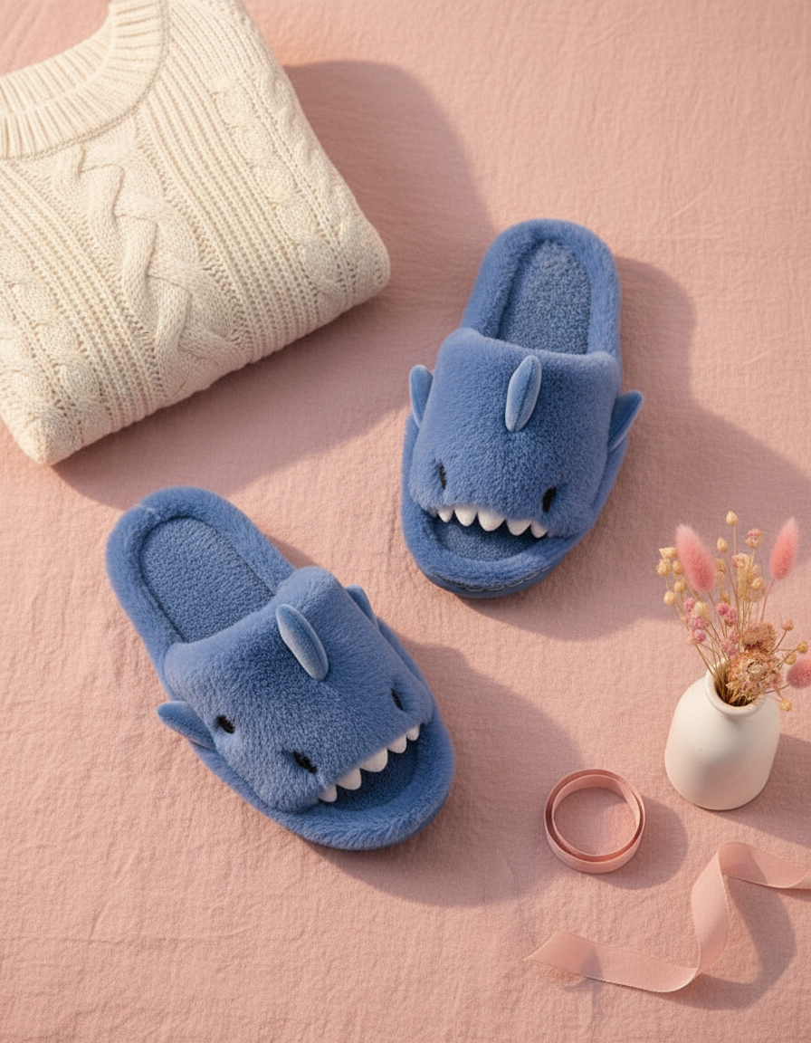Fluffy shark slippers from above on blush linen, with a cream knit sweater and dried flowers