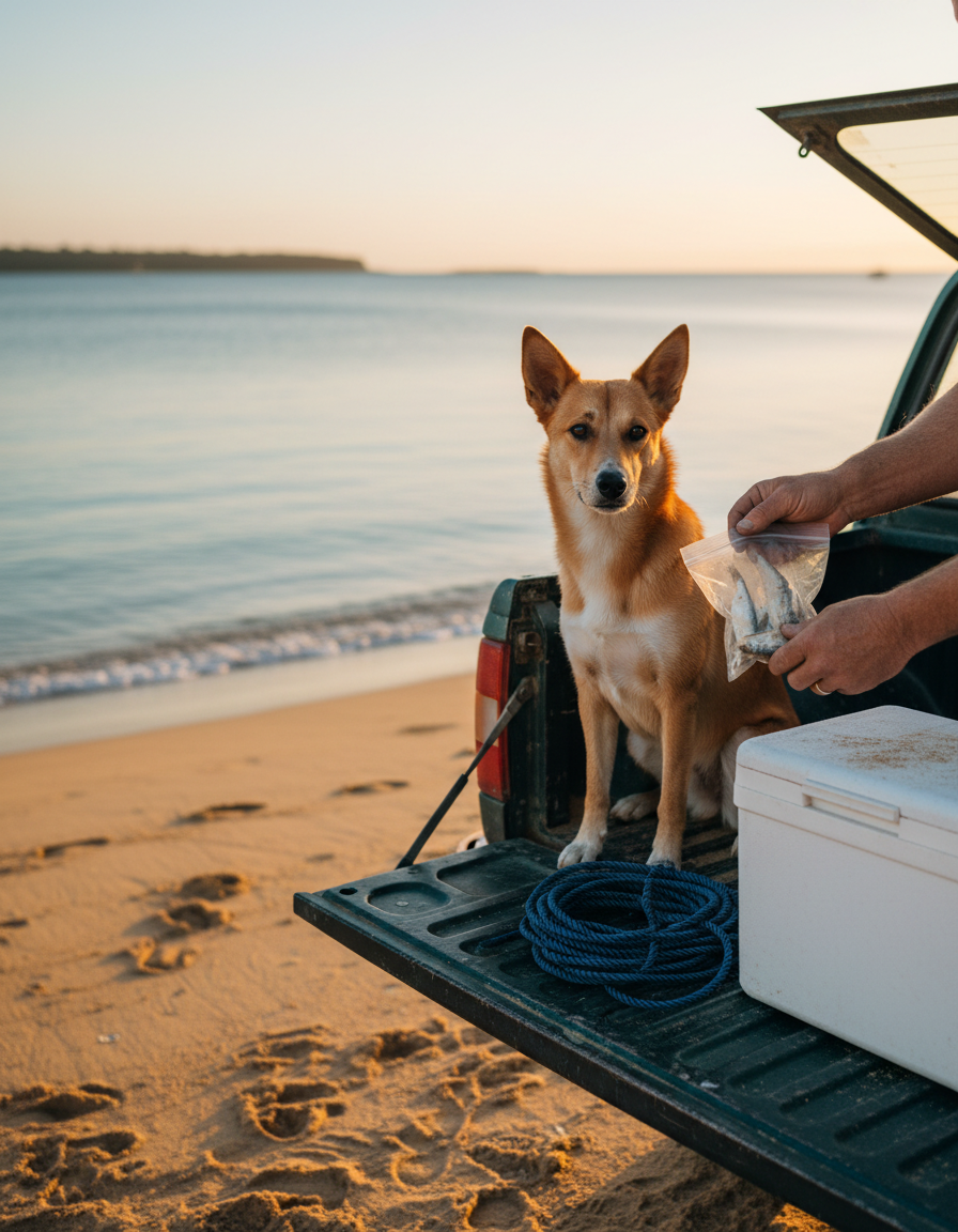 A red kelpie waiting on a ute tailgate at the boat ramp while its owner holds a bag of Dawgie Bites