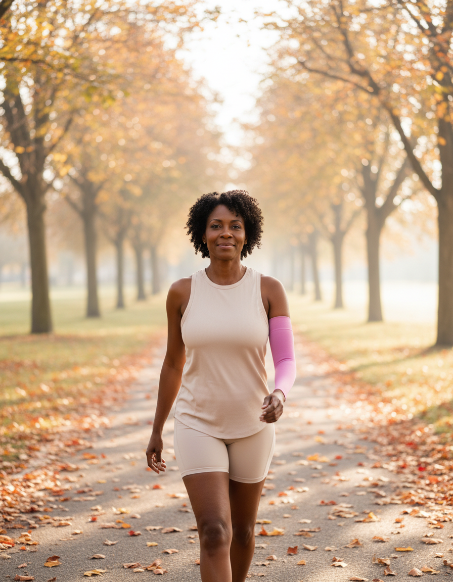 Woman walking along an autumn park path wearing a pink Sigvaris compression arm sleeve