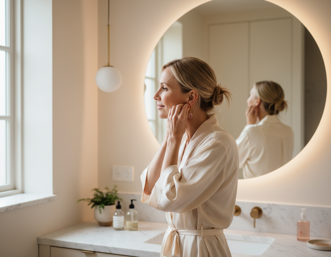 Woman getting ready in the morning, fastening an earring at a bright mirror