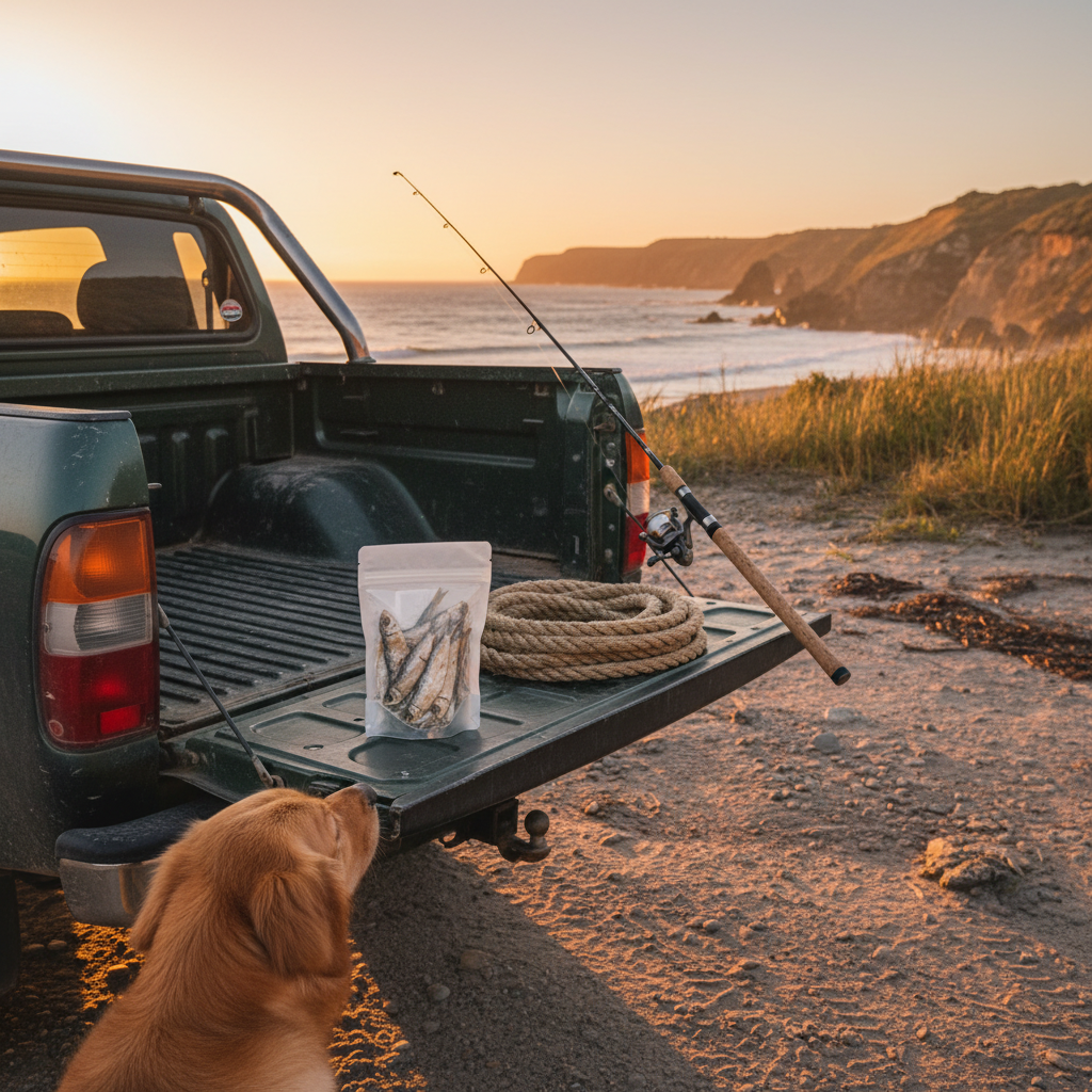 A bag of Dawgie Bites Sardines on a ute tailgate at the boat ramp