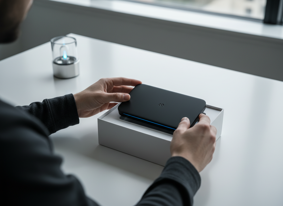 Hands unboxing a sleek black tech product at a clean white desk
