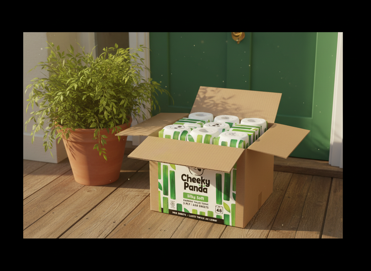 Open delivery box of Cheeky Panda Double Roll toilet tissue on a sunny doorstep