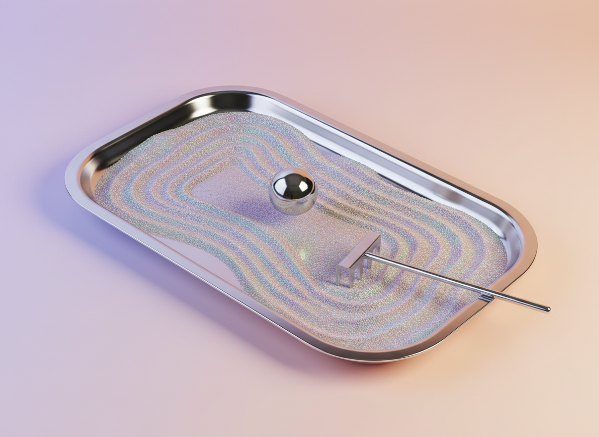 Holo Chrome edition: liquid-chrome tray filled with iridescent holographic sand and a chrome rake