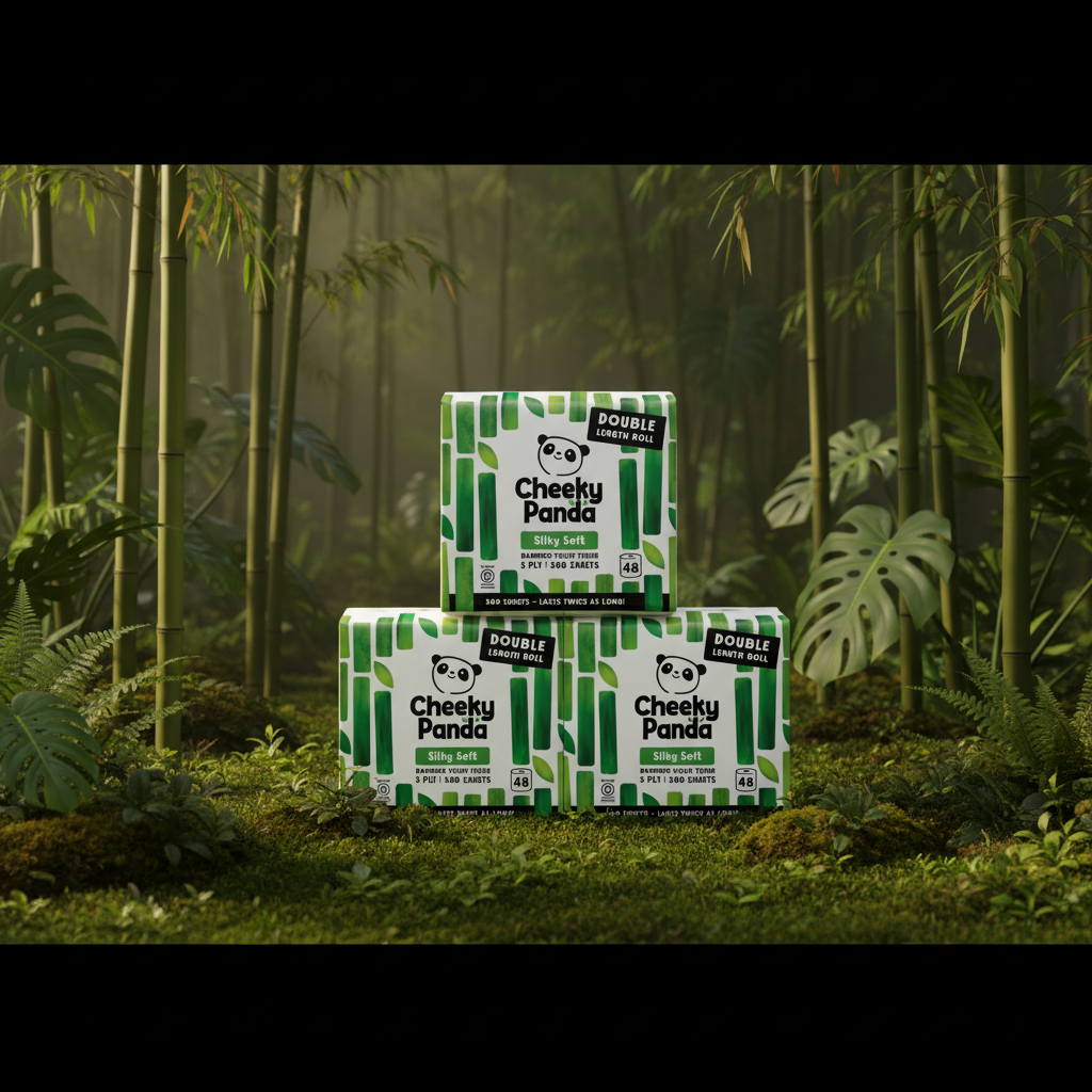 Cheeky Panda Double Roll bamboo toilet tissue packs stacked on moss in a lush bamboo jungle