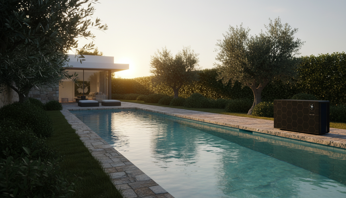 Luxuriöser Pool im Garten mit Fairland Inverter Pool-Wärmepumpe im Abendlicht