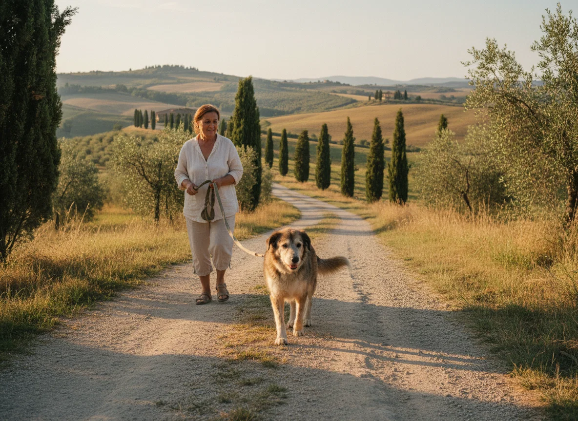 Cane anziano al guinzaglio che cammina qualche passo dietro alla proprietaria