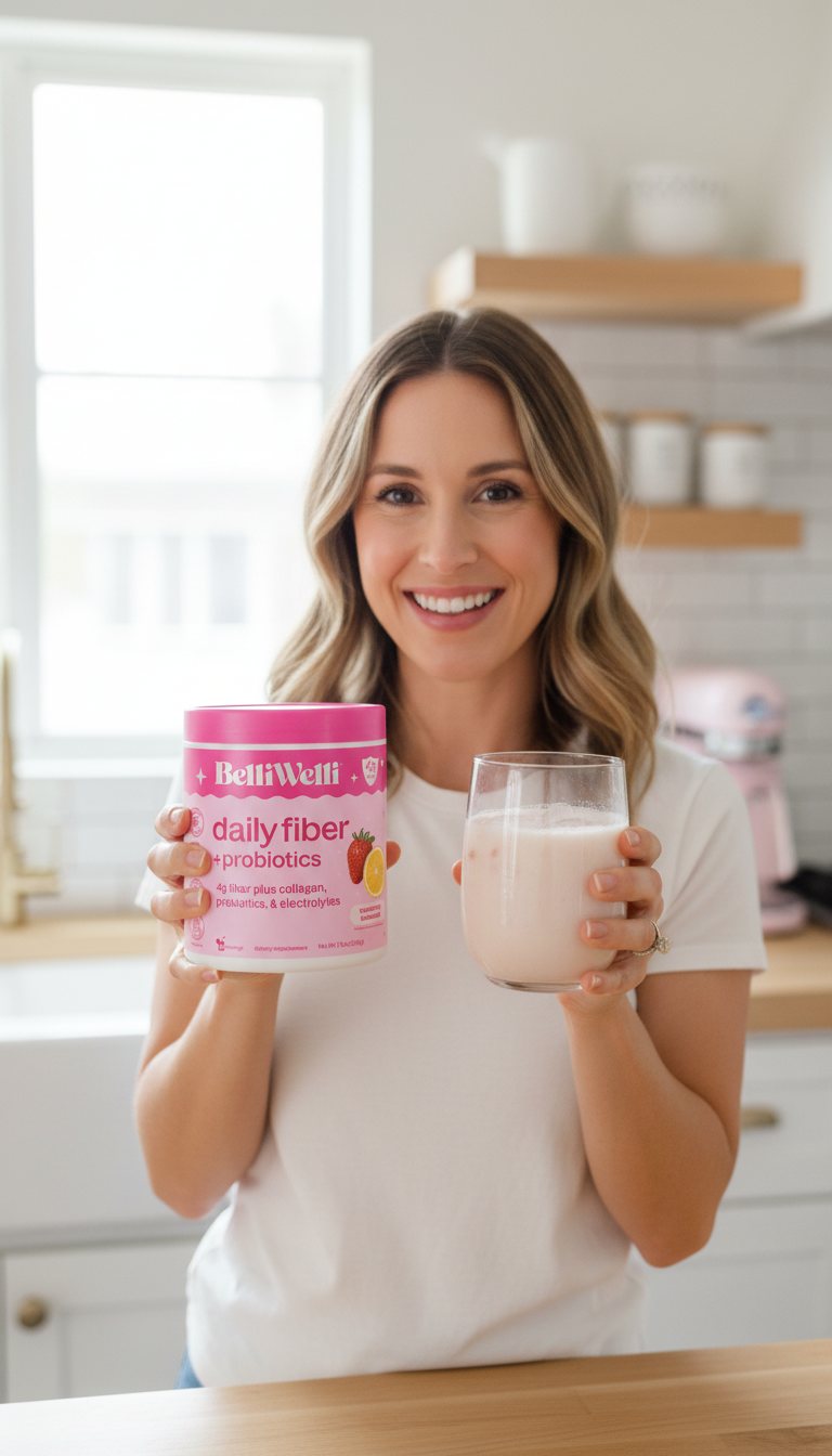 Woman in her kitchen holding up a tub of BelliWelli Fiber Powder next to a pink drink