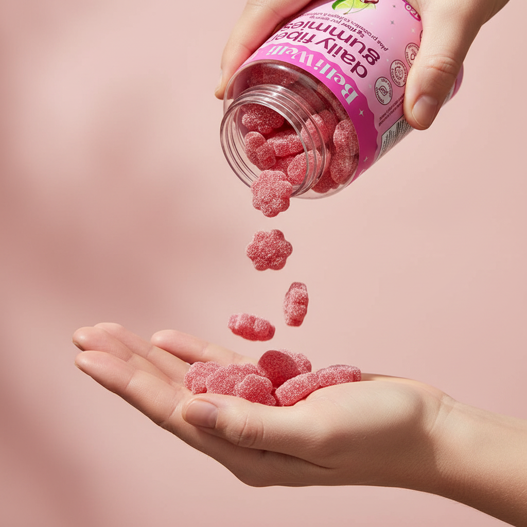 Pouring BelliWelli fiber gummies into a hand