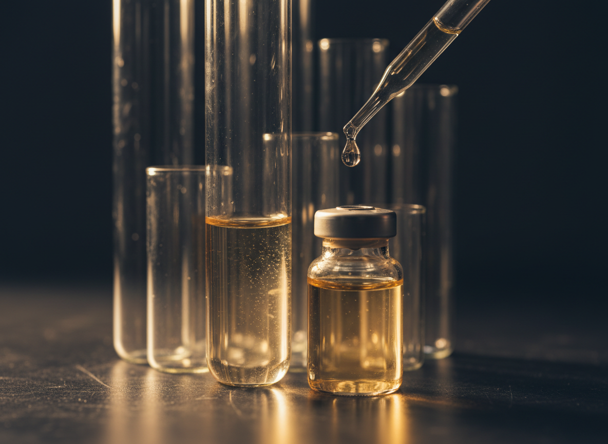 Laboratory glassware and a vial of clear liquid on a dark bench as a pipette releases a single droplet