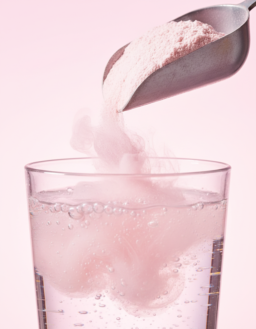 Pink fiber powder dissolving smoothly into a glass of water