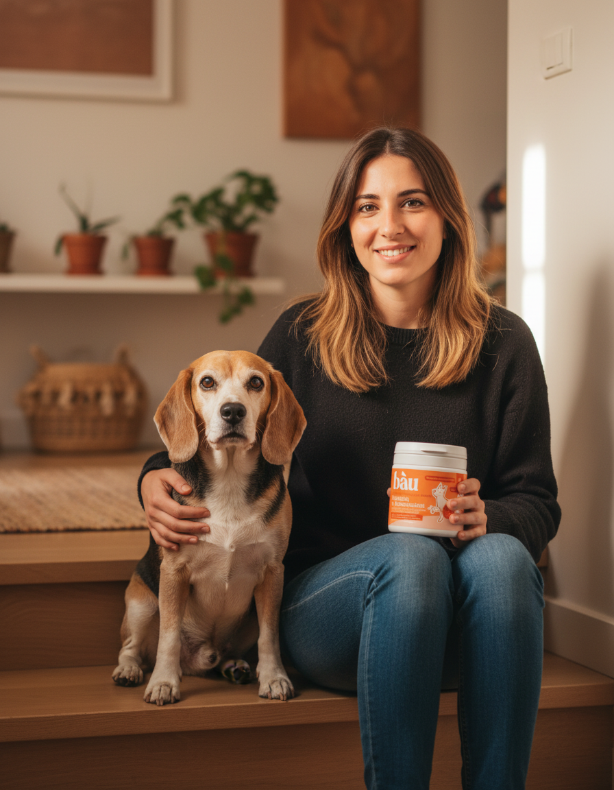 Ragazza seduta sulle scale di casa con il suo cane senior e il barattolo di Mobilità & Articolazioni