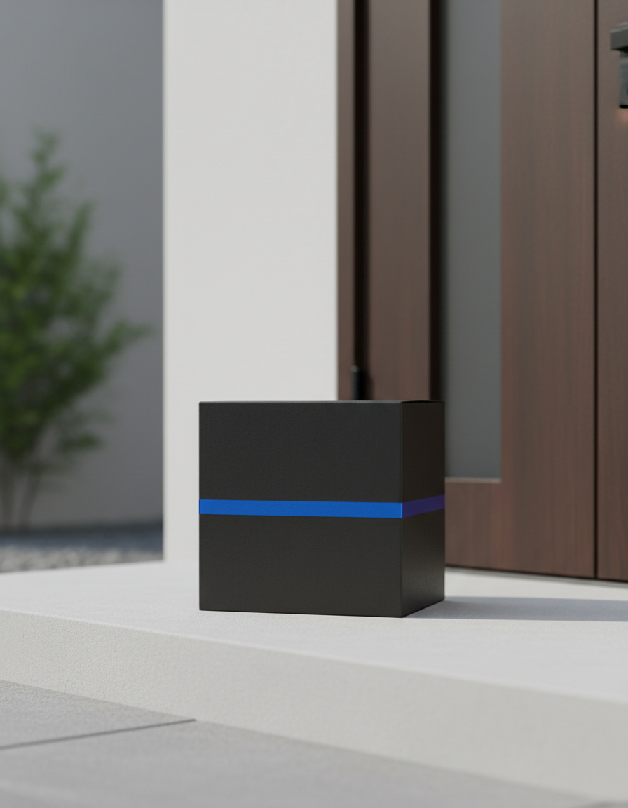 A sealed black PeTech parcel waiting on a doorstep