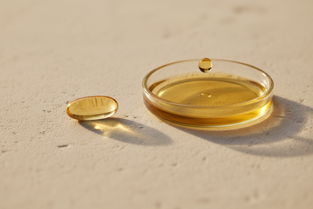 A golden softgel beside a small dish of clear MCT oil