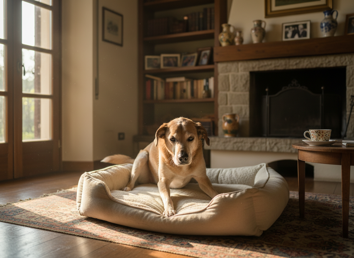 Cane anziano che si alza lentamente dalla cuccia al mattino