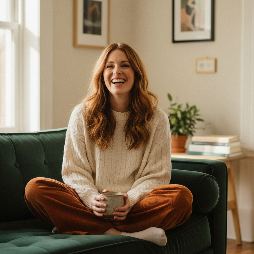 Happy, relaxed woman laughing on her sofa with a warm drink