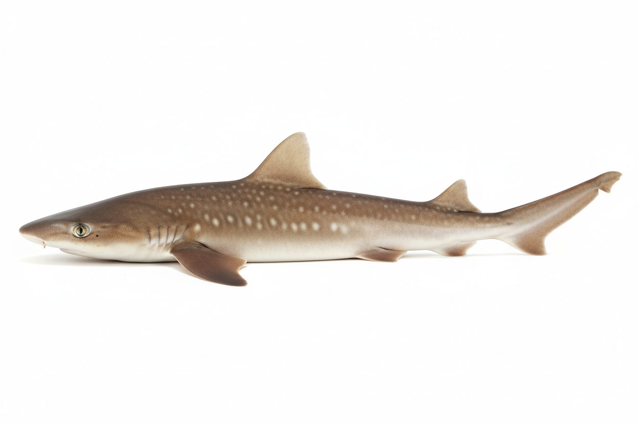 A gummy shark shown side-on: a slender bronze-grey shark with small white spots along its back