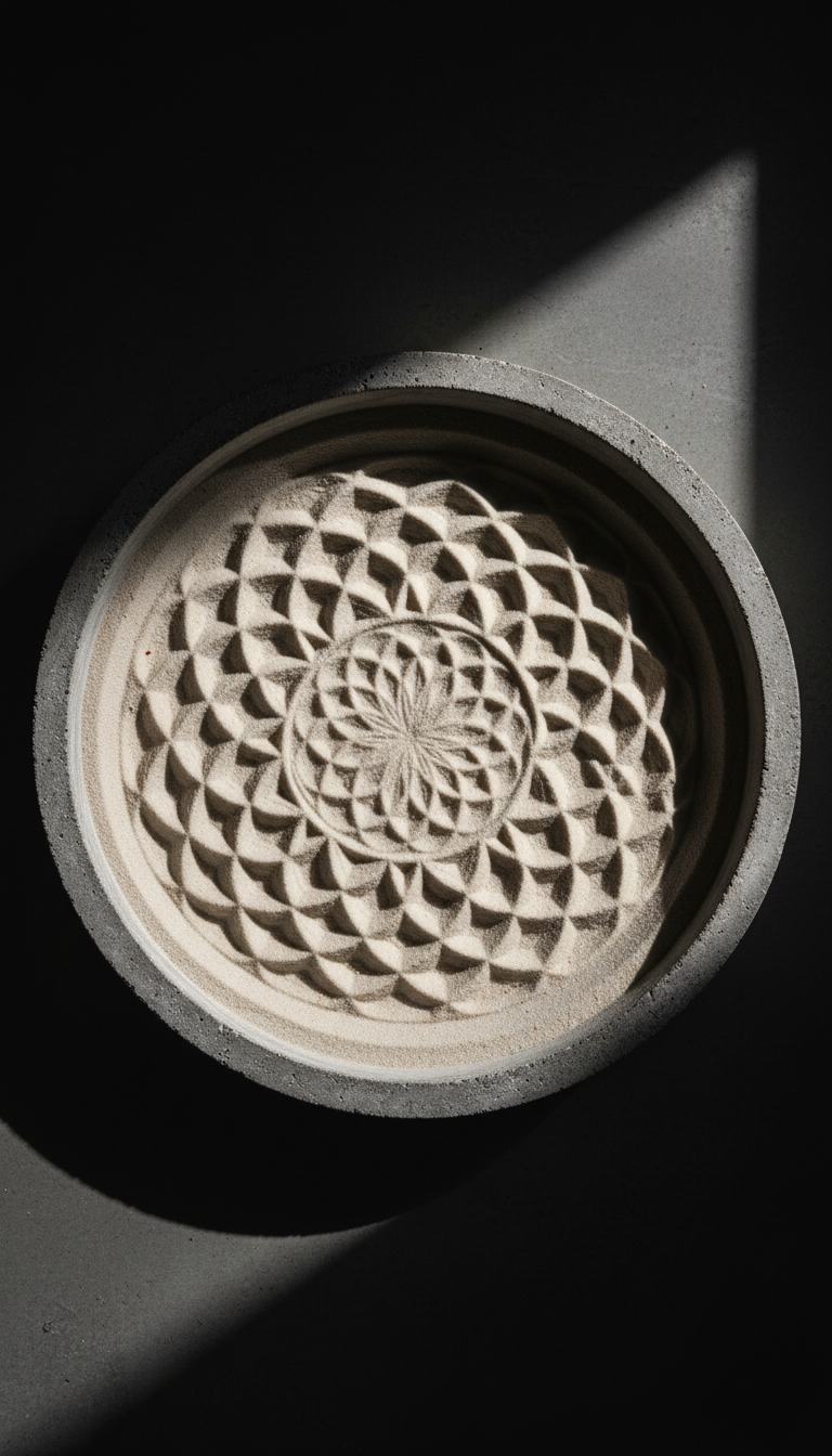 Finished geometric ripple mandala in cream sand inside a round concrete tray