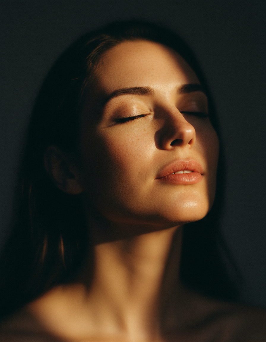 A woman with her eyes closed, face turned toward warm low sunlight