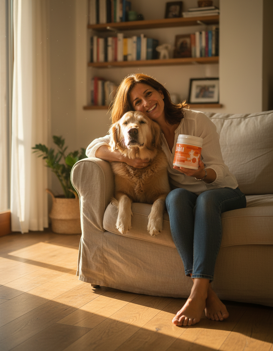 Donna sul divano che abbraccia il suo golden retriever anziano e mostra il barattolo di Mobilità & Articolazioni