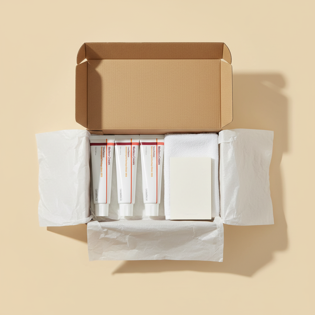 Open kraft shipping box lined with white tissue holding three Madeca Cream tubes, a folded white face towel and a plain cream booklet