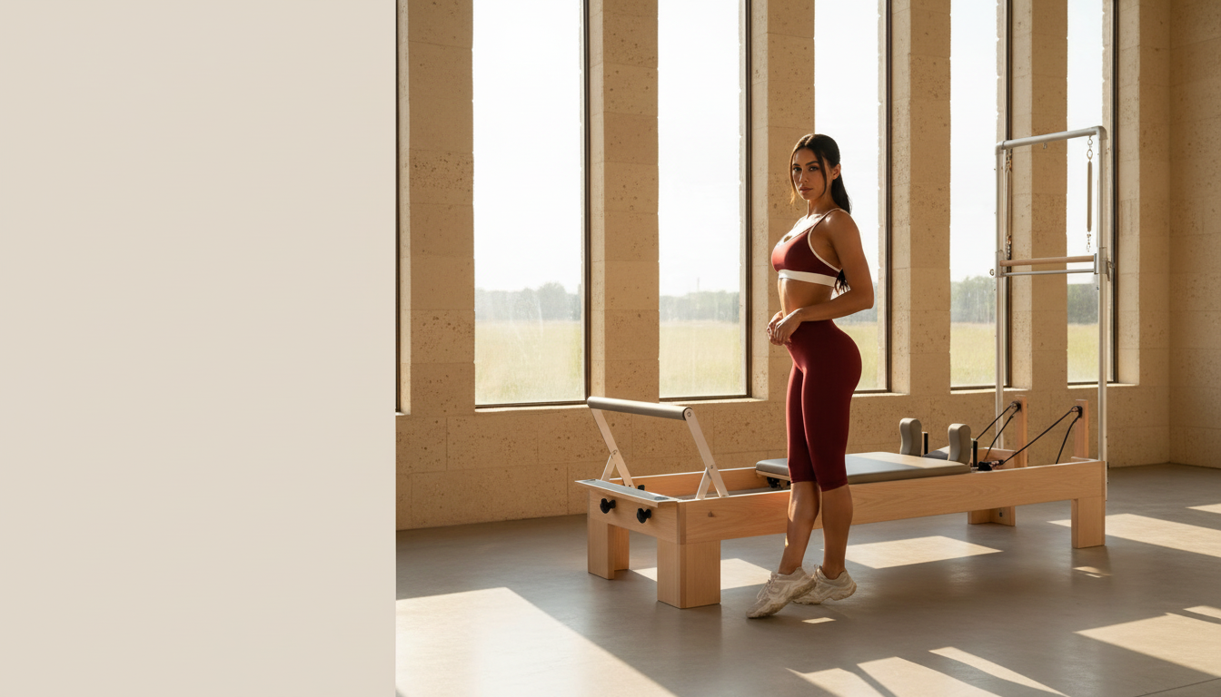 Woman in the Classic Capris and 2 Tone Bra beside a Pilates reformer in a sunlit studio
