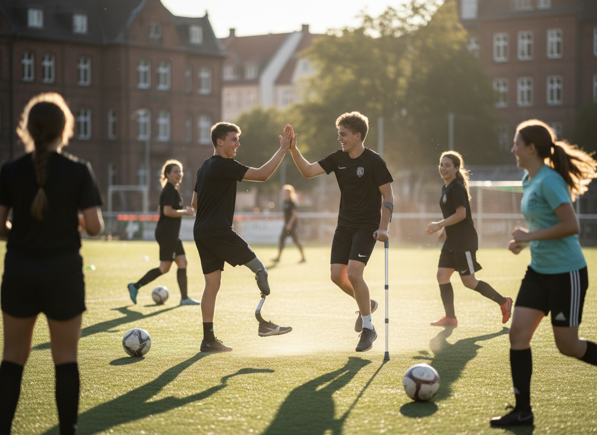 Zwei Spieler geben sich beim inklusiven Fußballtraining ein High Five