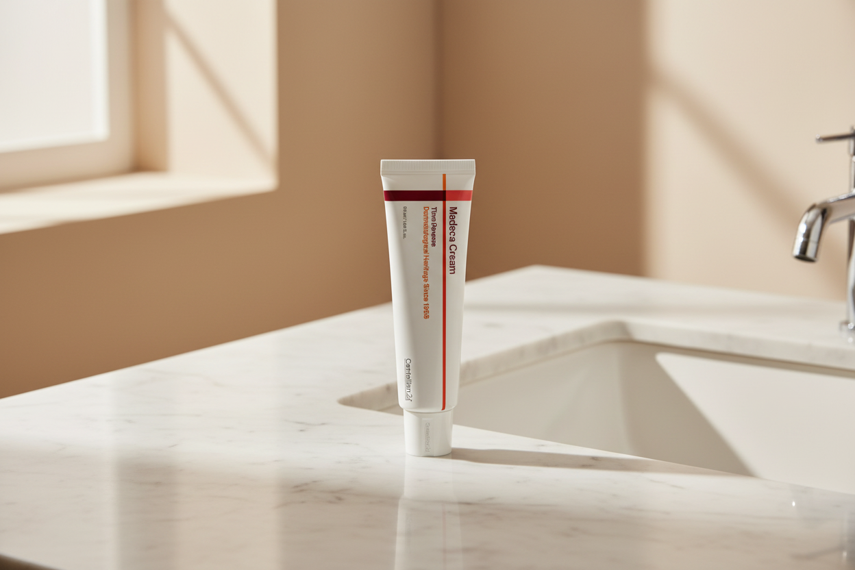 A single Madeca Anti-Aging Cream tube standing on its own on a cleared white marble bathroom counter beside the sink, in soft morning light