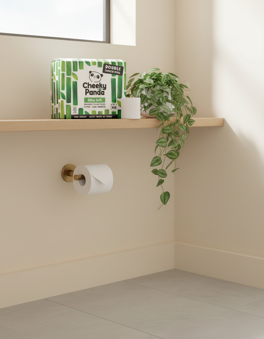 Cheeky Panda Double Roll pack on a bathroom shelf beside a plant and a roll on the holder