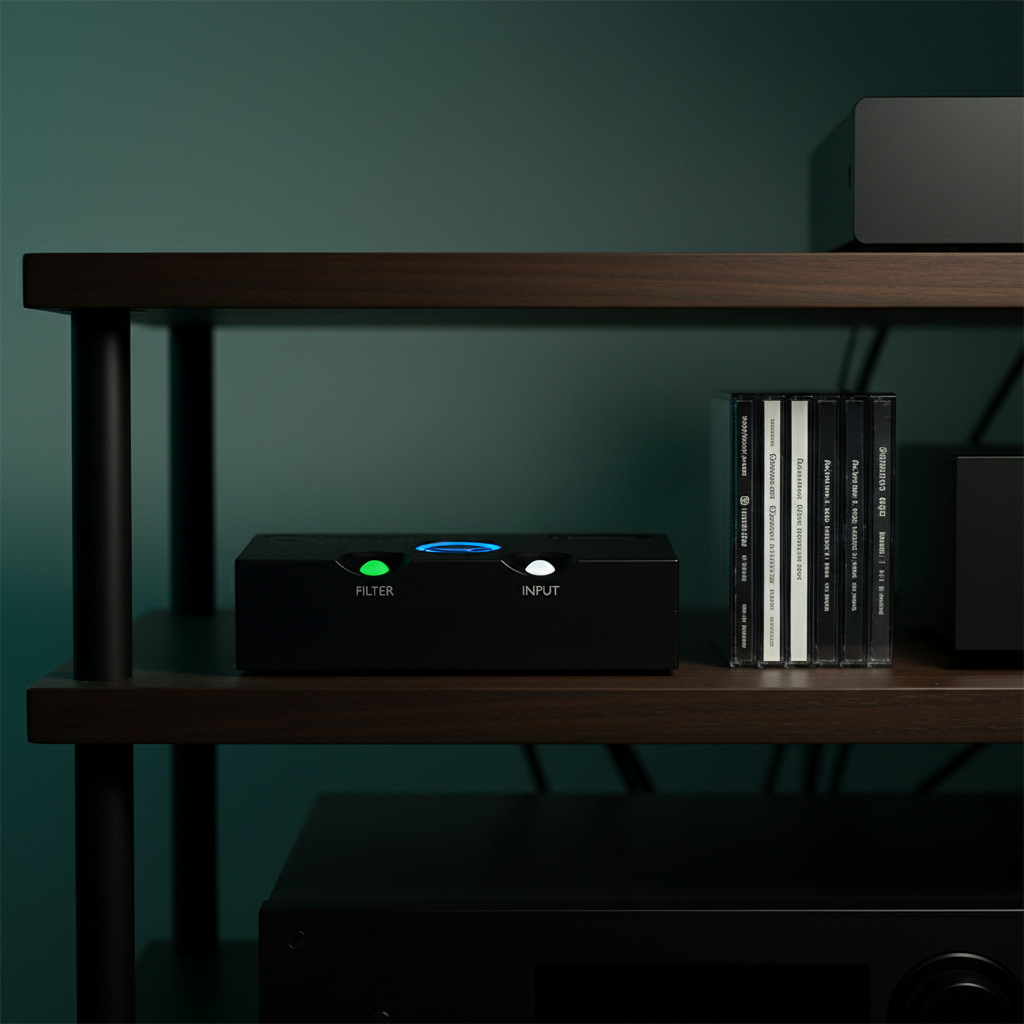 A black Chord Qutest DAC with glowing buttons on a dark wooden hi-fi rack next to a row of CDs