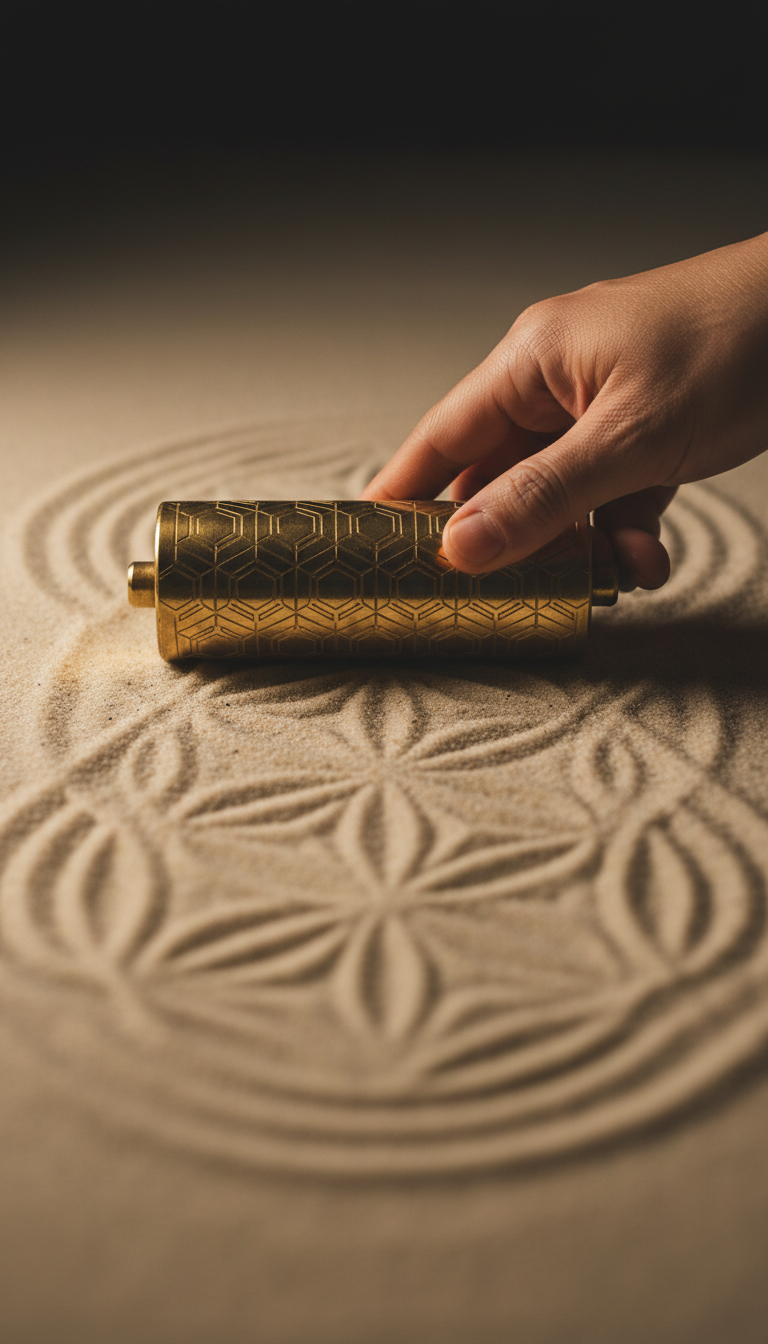 Hand rolling a brass ripple roller across cream sand in golden light