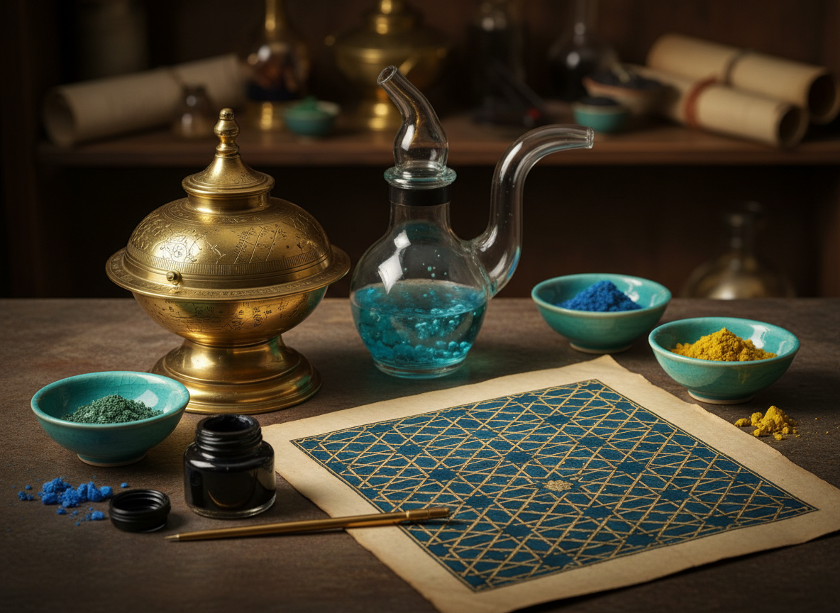 Brass astrolabe, glass alembic and a manuscript decorated with geometric star ornament in lapis and gold