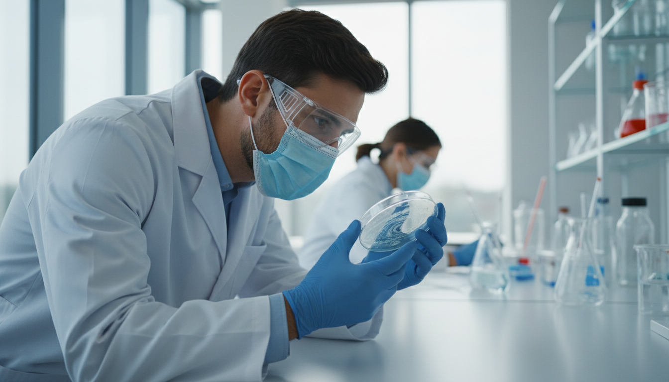 Scientist in gloves and safety glasses examining a petri dish in a lab