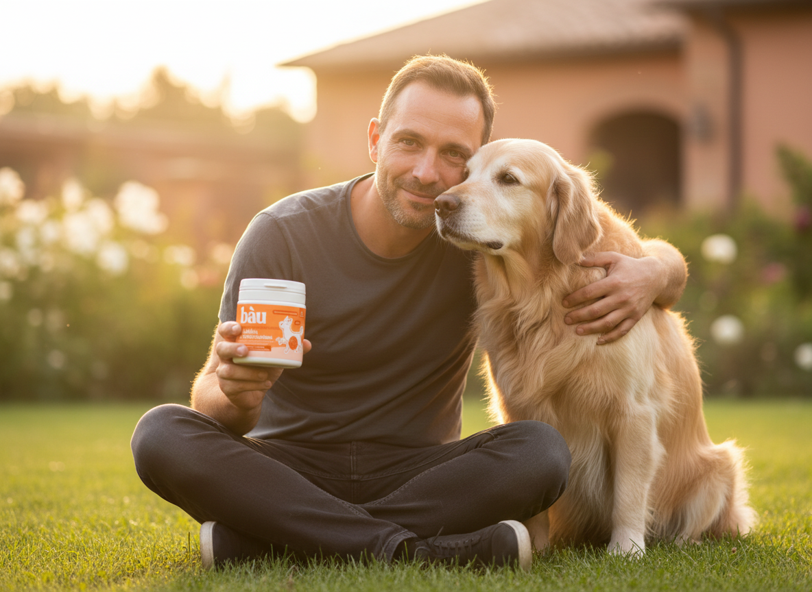Uomo sui quarant'anni seduto sul prato, sorridente e commosso, guancia a guancia con il suo vecchio golden retriever dal muso bianco, con in mano il barattolo di Mobilità & Articolazioni
