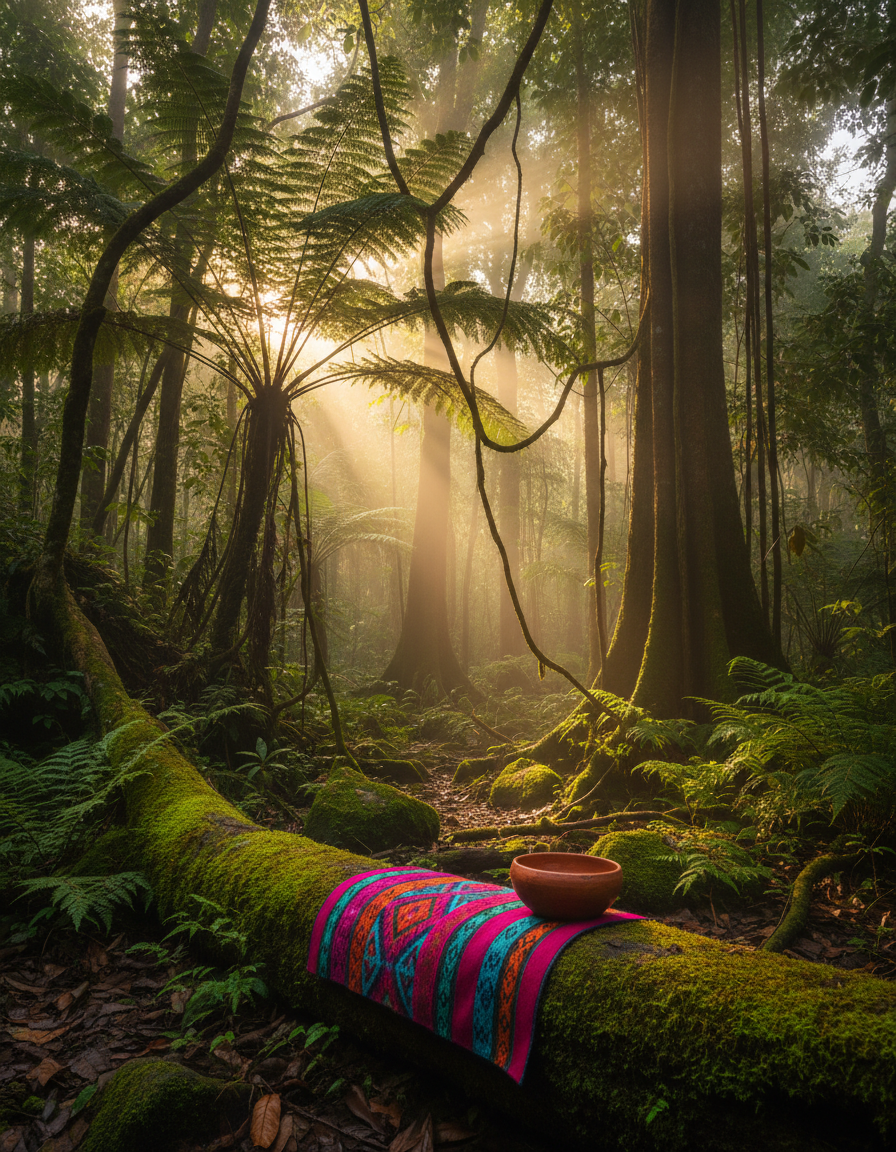 Misty Latin American rainforest at dawn with a woven textile and clay bowl on a mossy log