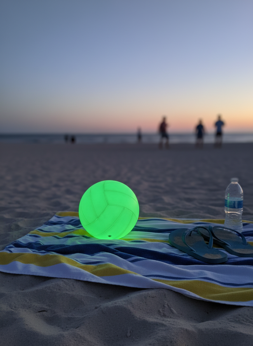 Glowing ball on a beach towel at dusk